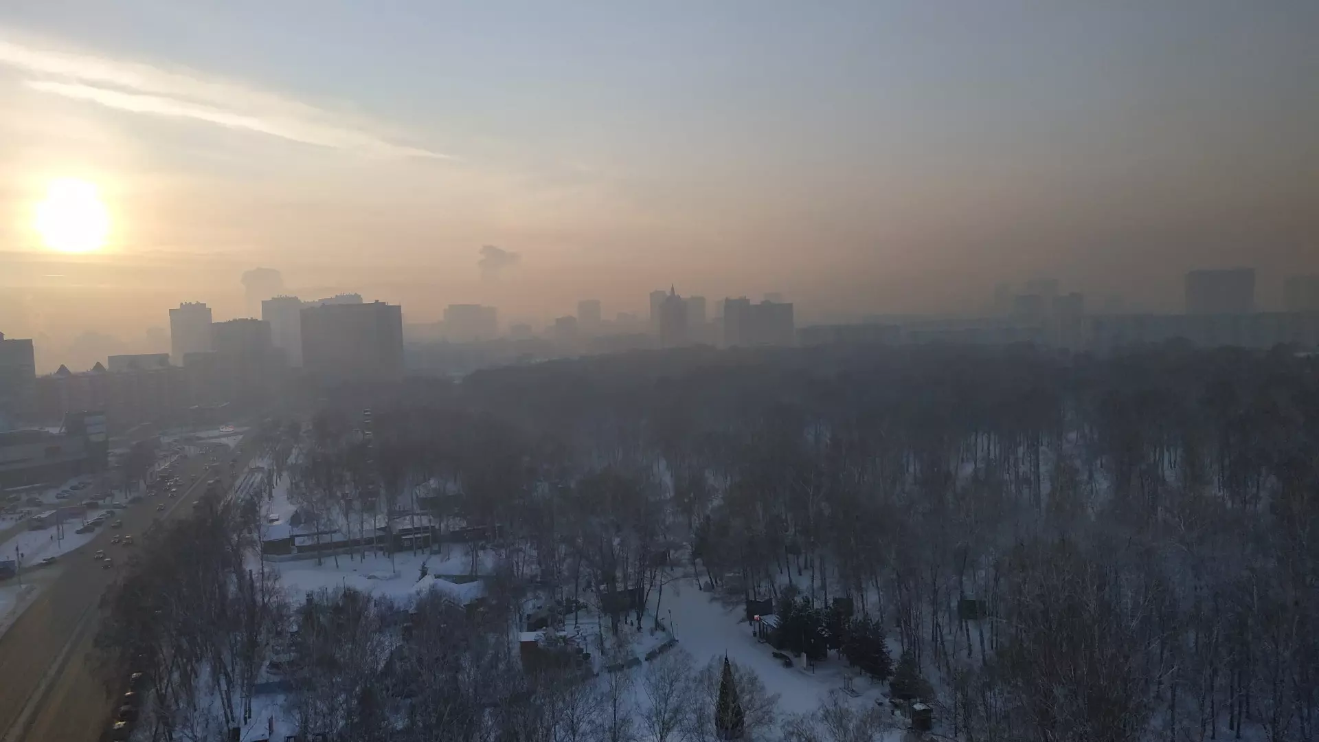 Вид на парк "Березовая роща" в морозный день в Новосибирске